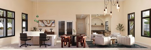 A well-lit, spacious living room with a dining table and chairs.