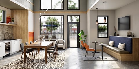 A modern dining room with a wooden table and chairs.