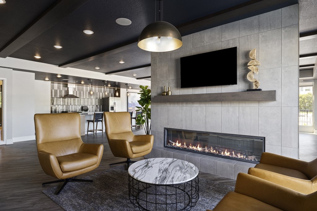 a living room with couches and chairs and a fireplace