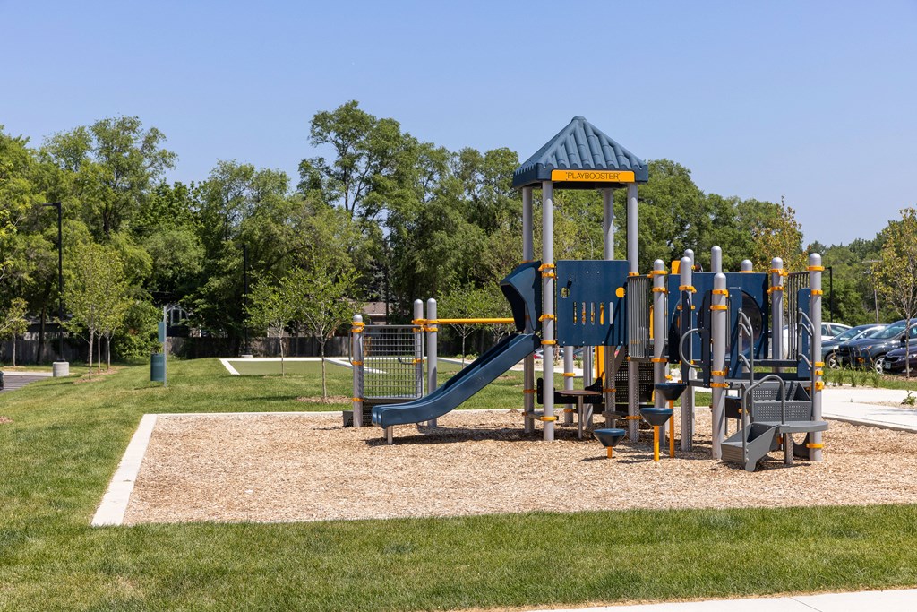 a playground with a blue swing set in a park