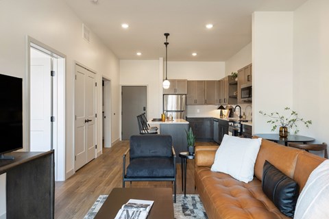 A modern living room with a brown leather couch and a kitchen area in the background.