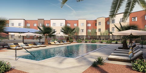 The pool deck at Emberwood, an affordable 55+ community in Casa Grande, Arizona.