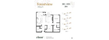 A floor plan for a 1BR + DEN 2BA apartment at Forestview.