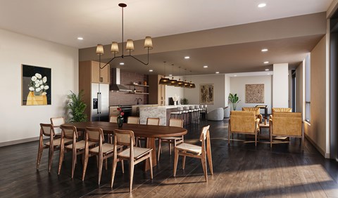 A modern dining room with a wooden table and chairs.