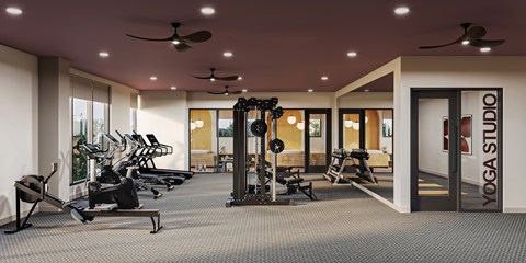A rendering of the fitness center and yoga studio that will be featured at Harlow Apartments.