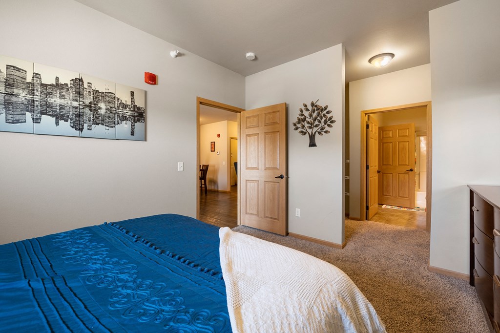 a bedroom with a large bed and a door leading to a hallway