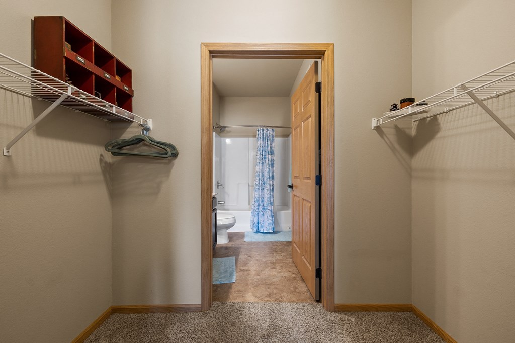 a walk in closet with two hanging racks and a toilet in the background