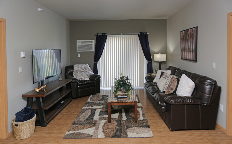a living room with a leather couch and a television