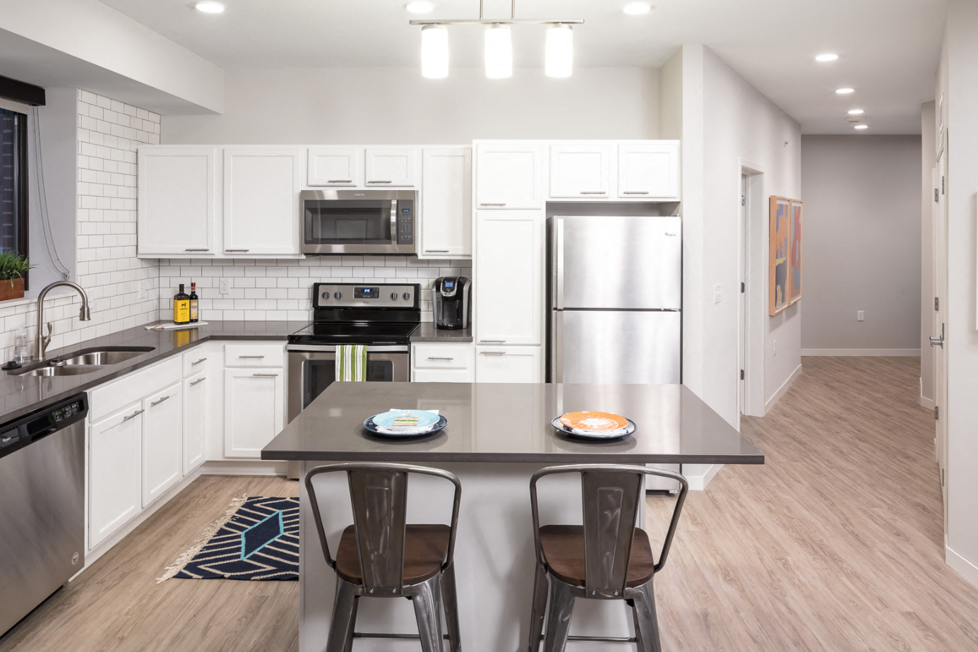 Kitchen at Confluence on 3rd Apartments in Downtown Des Moines