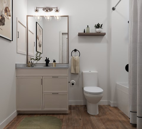 A bathroom with a toilet, sink, and mirror.