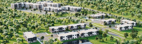 A bird's eye view of a residential area with multiple buildings and greenery.