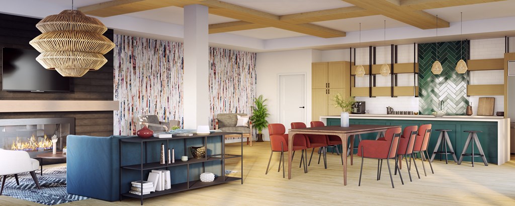 a living room with a dining room table and chairs and a fireplace