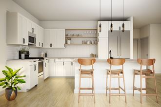 a kitchen with white cabinets and a table and chairs