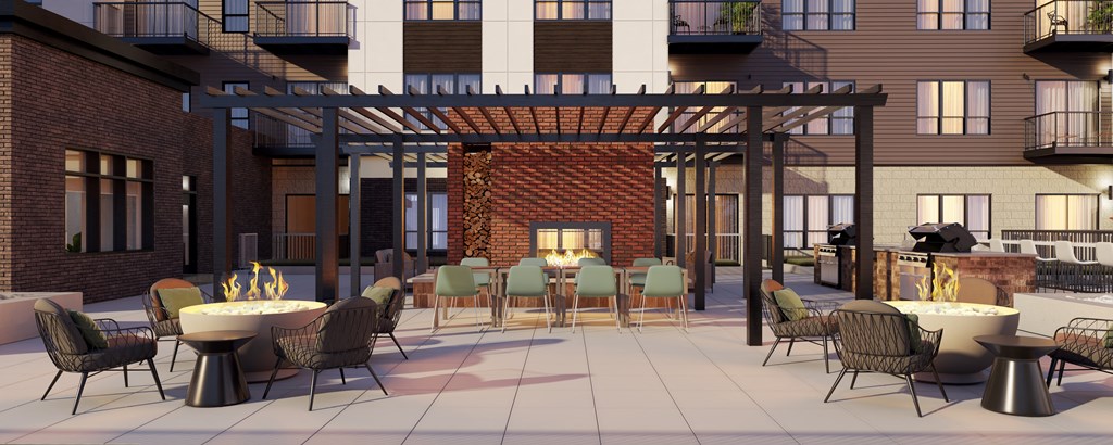 a rendering of a patio area with tables and chairs