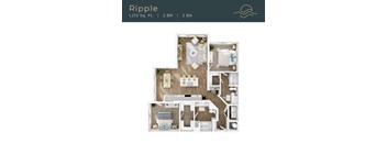 A top-down 3D view of the Ripple floor plan at Marisol in Port Charlotte, FL.