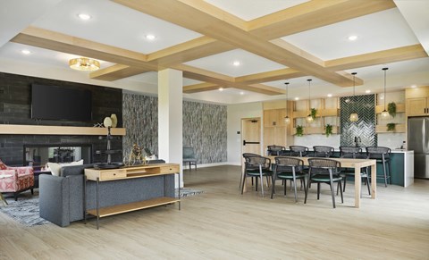 A modern living room with a fireplace and a dining table.