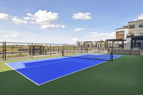 A tennis court with a blue surface and green border.