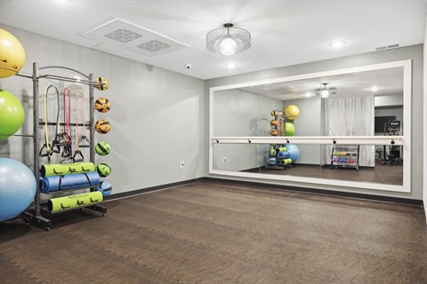 A room with a mirror, exercise equipment, and a wooden floor.