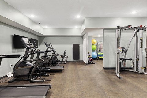 A gym with treadmills, elliptical machines, and a weight machine.