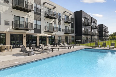The outdoor swimming pool at The Blakeley in Shakopee, MN.