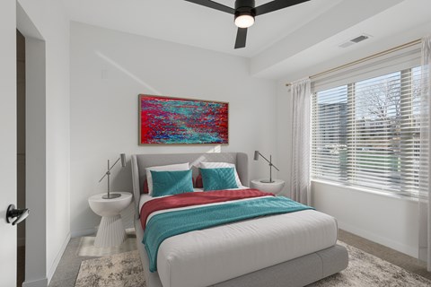 A virtually staged bedroom at Volta in Burnsville, MN.