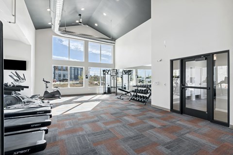 Full equipped fitness center Mural Apartments in Aurora, Colorado.