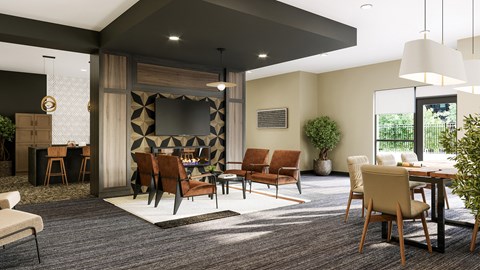 A modern living room with a dark grey carpet and furniture.