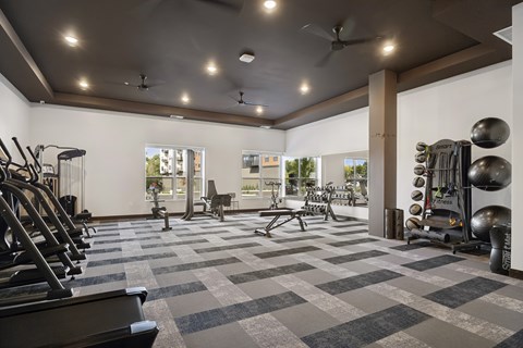 Fully equipped fitness center at Rowe Residences in Victoria, MN
