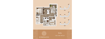 2-bedroom 2-bathroom 3D apartment floor plan, Ruby, at Emberwood 55+ community in Casa Grande, AZ.