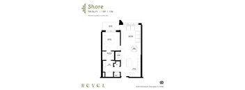 The Shore floor plan – a 1 BR, 1BA apartment at Revel in Clearwater, FL.