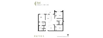 The Sol floor plan – a 3 BR, 2BA apartment at Revel in Clearwater, FL.