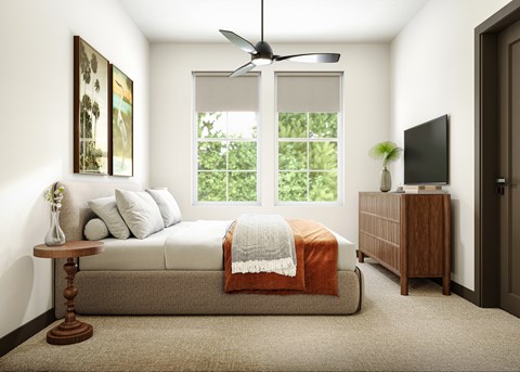 The bedroom with a ceiling fan and roller shades The Karlyn of Naples in Naples, Florida.