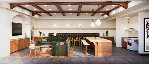 A modern living room with a green sofa and a wooden coffee table.