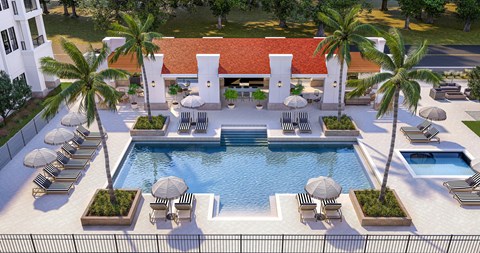 The east courtyard with a pergola and outdoor pool and spa at The Karlyn of Naples in Naples, Florida.
