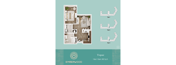 1-bedroom 1-bathroom 3D apartment floor plan, Topaz, at Emberwood 55+ community in Casa Grande, AZ.