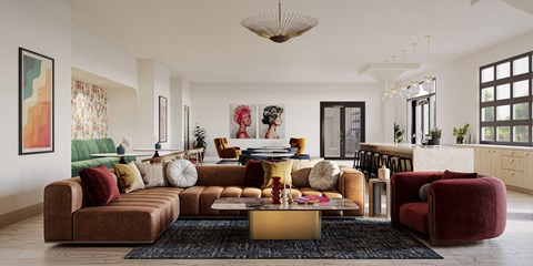 A living room with a brown sofa and a coffee table.