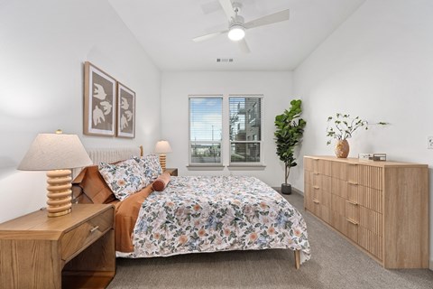 Bedroom with Ceiling Fan at Wixby House in Austin, TX