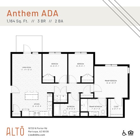 A floor plan for an apartment at Anthem ADA shows a living room, two bedrooms, a bathroom, a kitchen, and a primary bathroom.