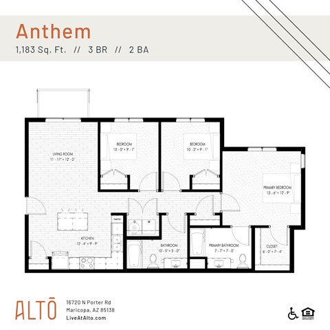 A floor plan for an apartment named Anthem, measuring 1,183 square feet, with 3 bedrooms and 2 bathrooms.