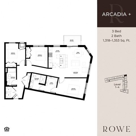 A black and white image of a house floor plan with the title "ARCADIA +" and the text "3 Bed 2 Bath 1,318-1,353 Sq. Ft."