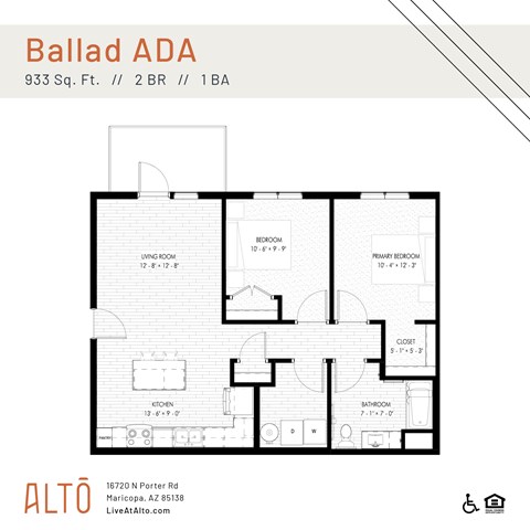 A floor plan for Ballad ADA, a 2 bedroom, 1 bathroom apartment.