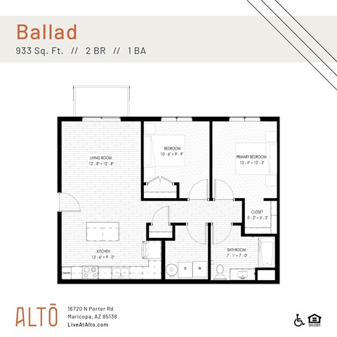 A floor plan for a 2 bedroom and 1 bathroom apartment at 933 Sq. Ft.