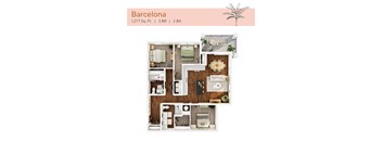A top-down 3D view of the Barcelona floor plan at The Karlyn of Naples in Naples, FL.