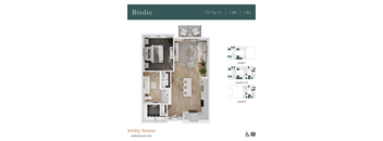 A top-down 3D view of the Birdie floor plan at Wixby House in Austin, TX.