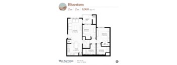 A floor plan for a 1,060 square foot home with two bedrooms and two bathrooms.