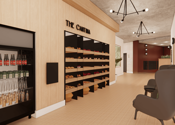 a rendering of the interior of a wine store with wood paneling and a black display case