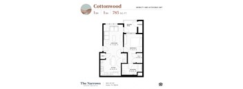 A floor plan for a 1 bedroom, 1 bathroom apartment at The Narrows Apartments.