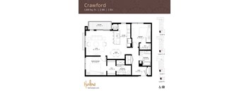 The Crawford floor plan, a two-bedroom two-bathroom floor plan at Harlow Apartments in Chanhassen.