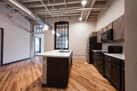 Apartment kitchen with historic features
