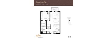 The Davis ADA floor plan, a one-bedroom one-bathroom floor plan at Harlow Apartments in Chanhassen.